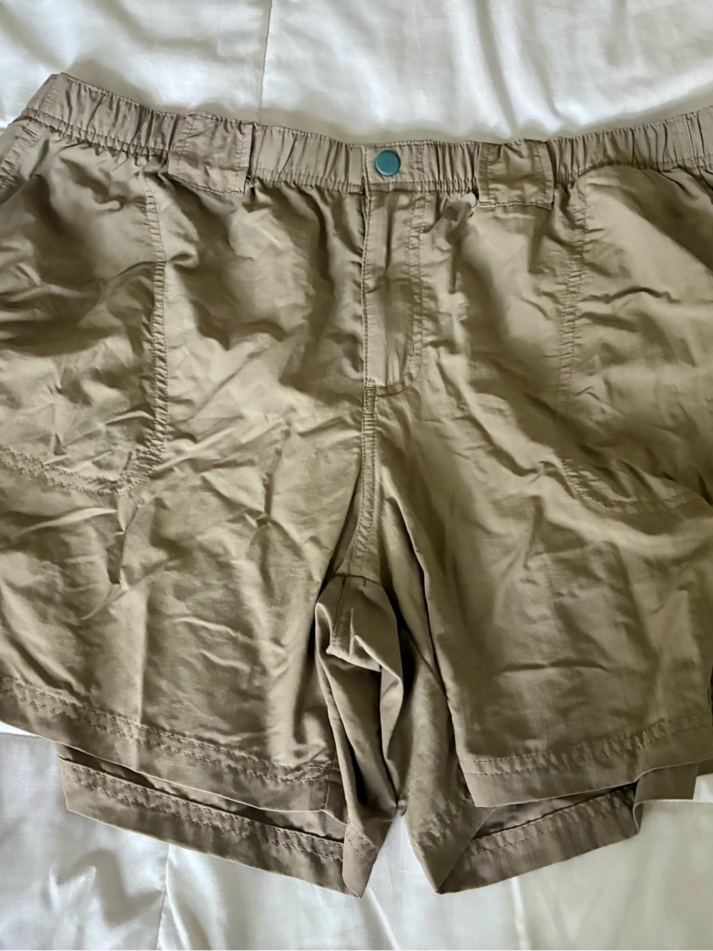 Women's Khaki Athletic Shorts with Elastic Waist and Snap